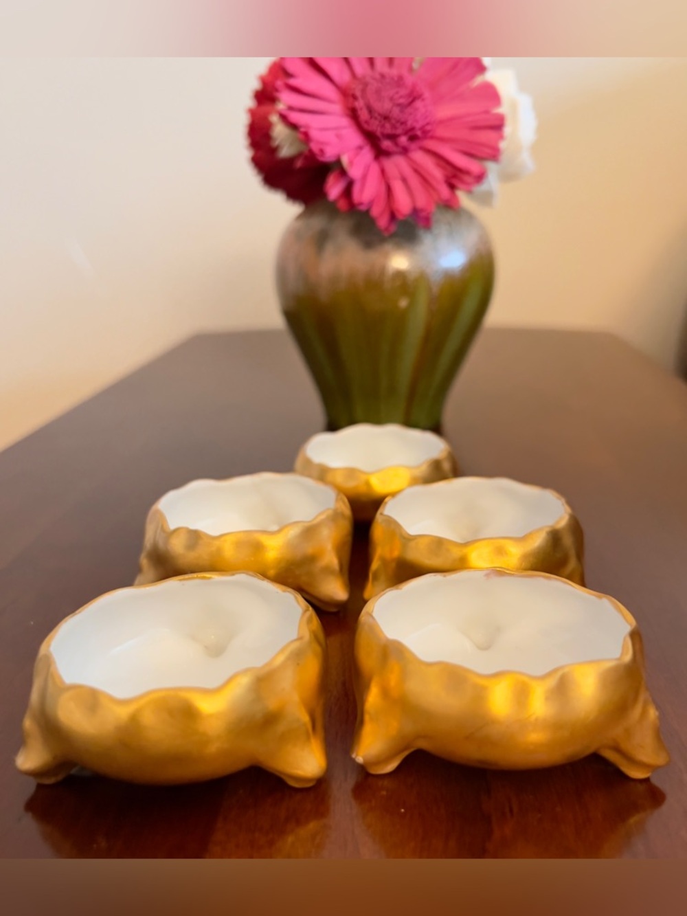Set of 5 Antique Victoria Austria Gold Porcelain Footed Salt Cellars Tripod Legs